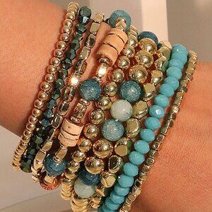 Threaded Pear Boho Beaded Multi-Layer Elastic Bracelet Set